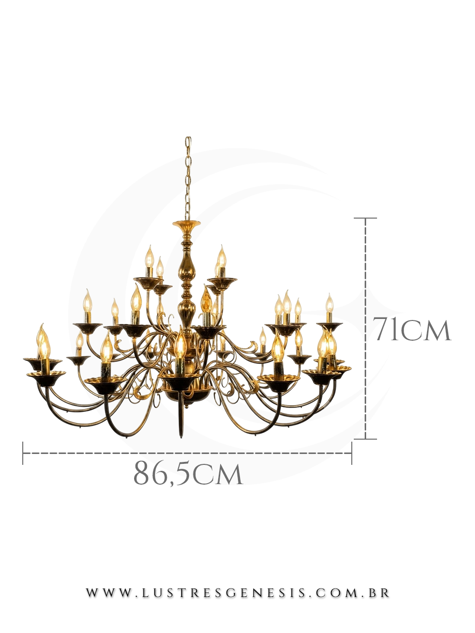 Lustre de Cristal Clássico Dourado com 15 braços, ideal para casas com pé direito duplo. Lustres Gênesis loja online de Lustres e Iluminação Decorativa